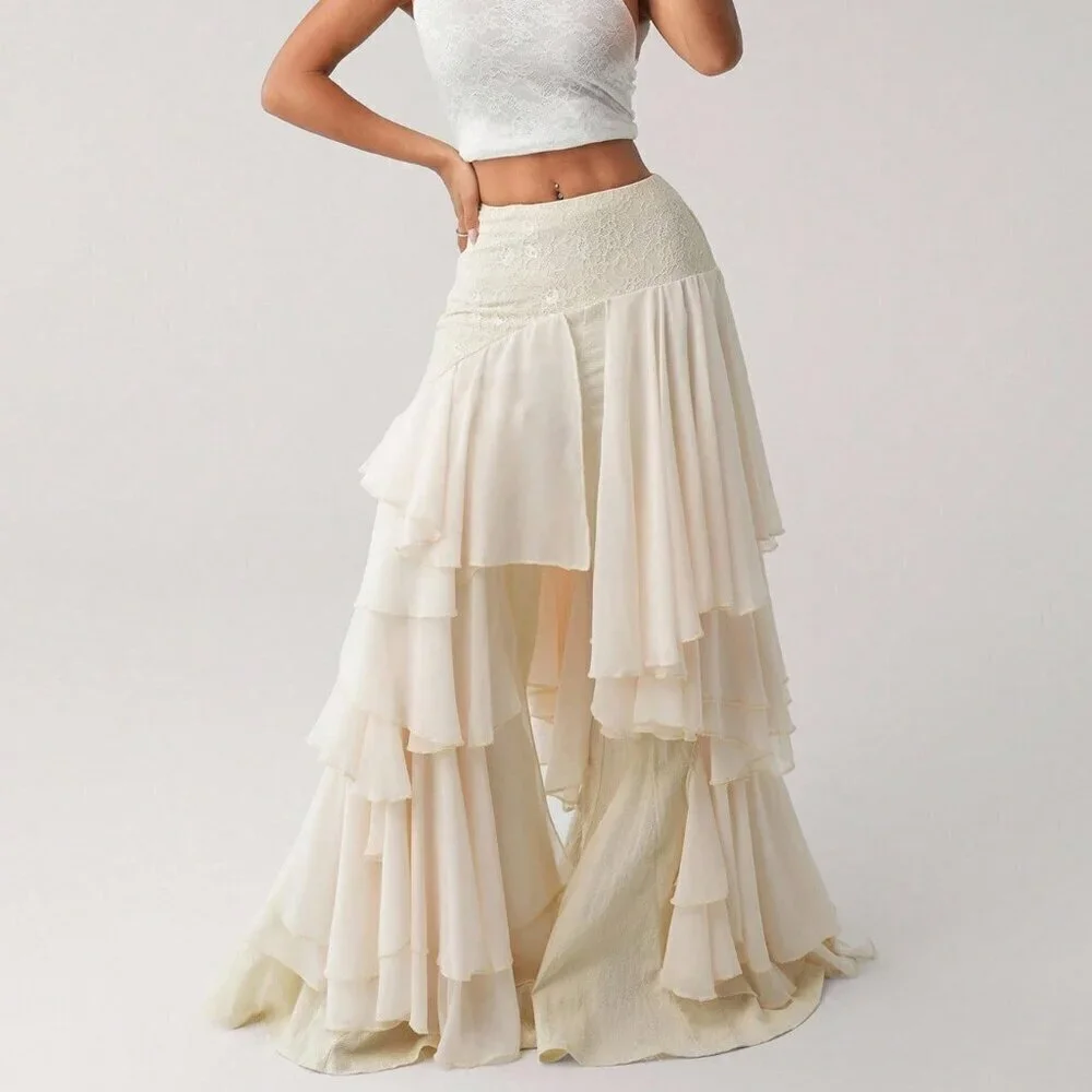 Beige Asymmetrical Party Women's Chiffon Ruffle Patchwork Loose Hem Pants